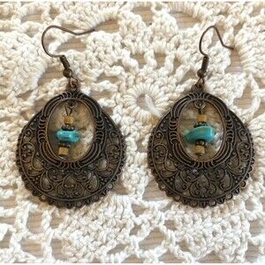 Copper Tone Circle Chandelier Dangle Earrings Pierced Boho Western Gypsie